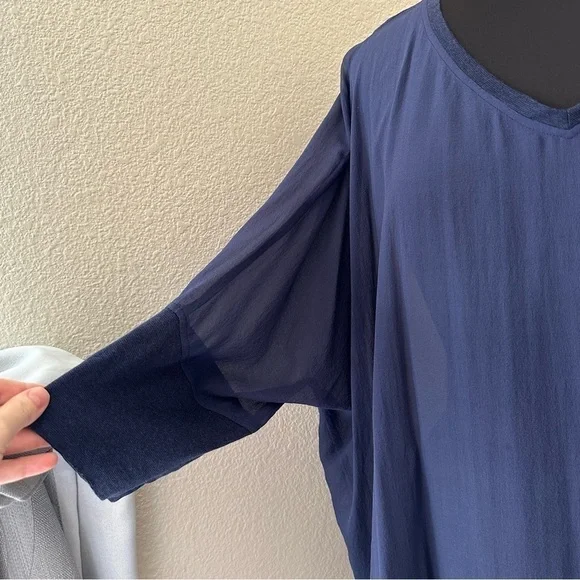 Eileen Fisher 100% silk Navy Blue 3/4 Sleeve Blouse Size L - Picture 5 of 12